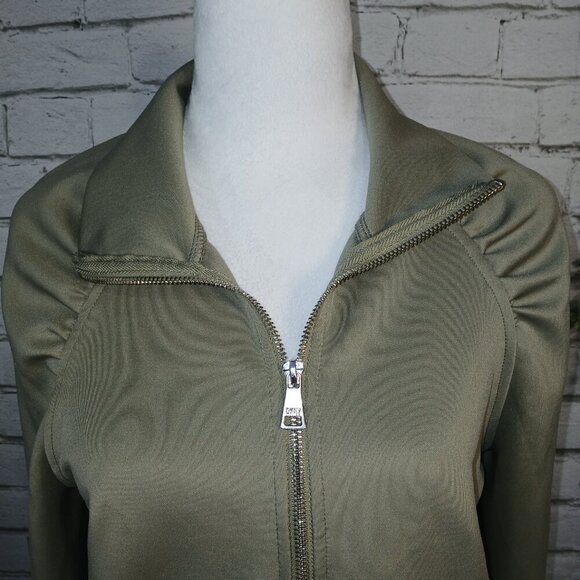 WOMENS DKNY OLIVE ZIP UP JACKET,  SHOULDERS ARE GATHERED, CUFFED SLEEVES SIZE S - Picture 3 of 10